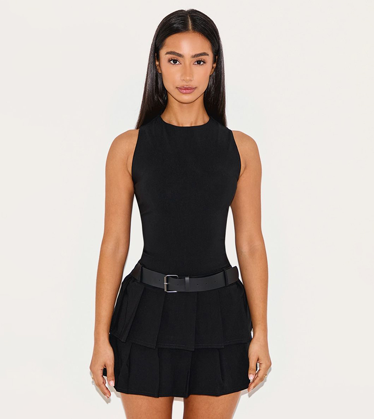 Petite Belt Detail Pleated Mini Dress