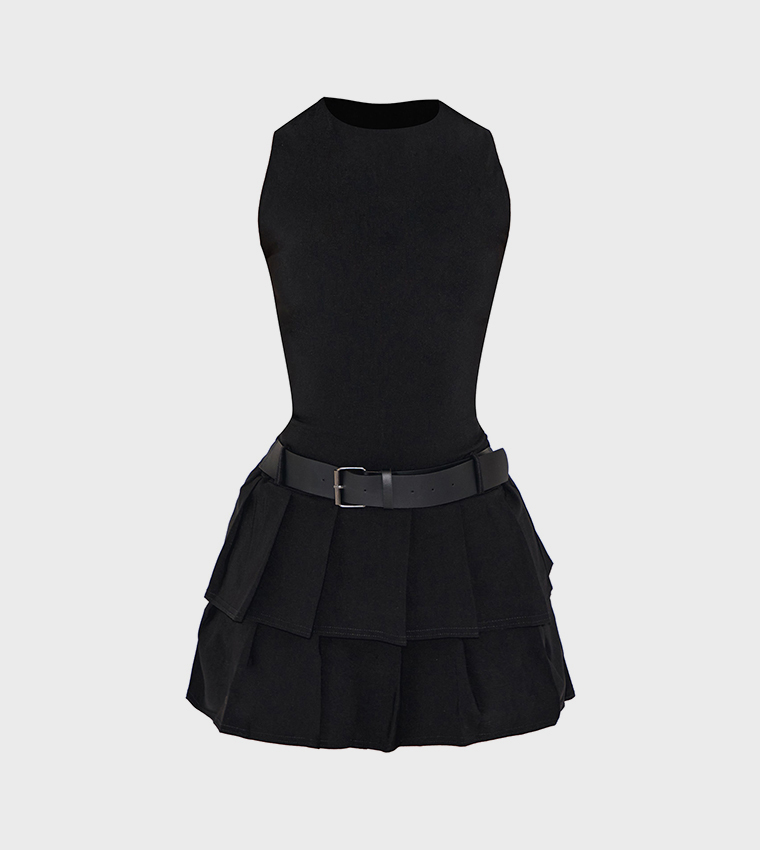 Petite Belt Detail Pleated Mini Dress