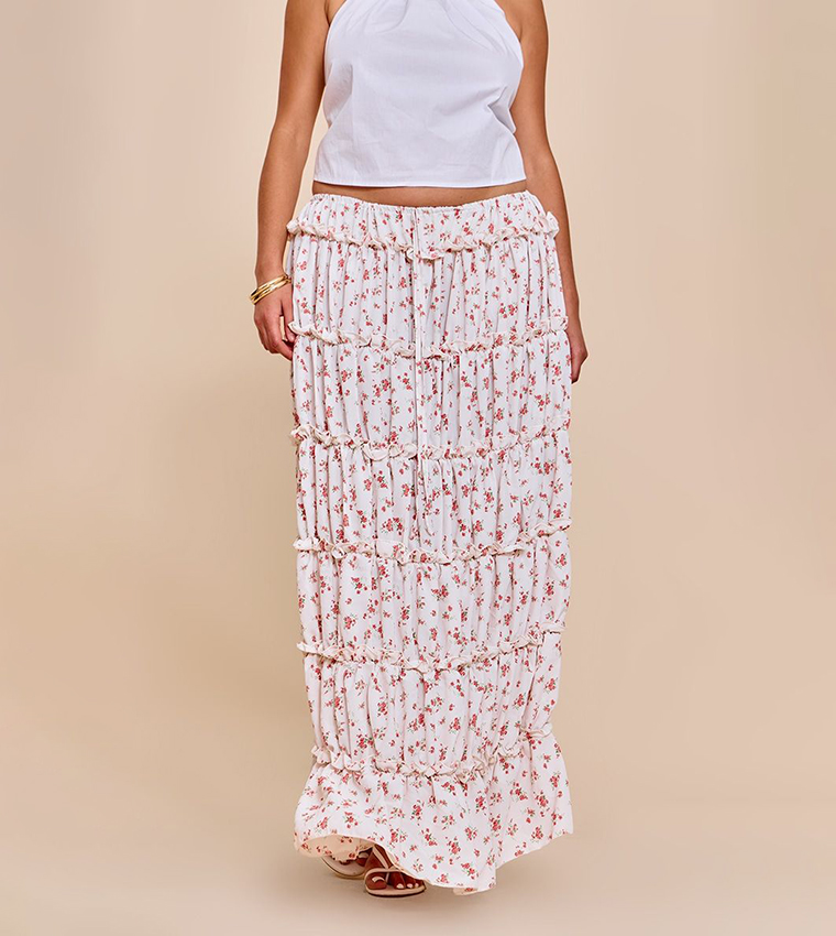 Curve Ditsy Floral Print Maxi Tiered Skirt