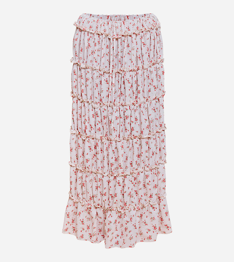 Curve Ditsy Floral Print Maxi Tiered Skirt