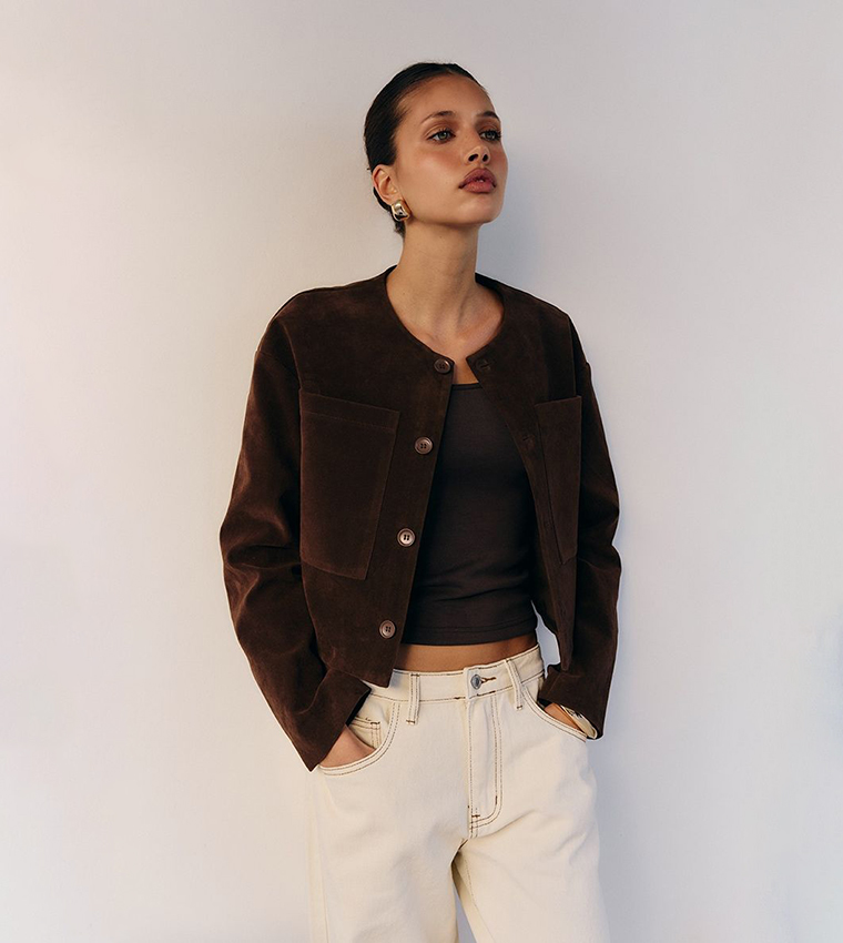 Suede Look Boxy Button Up Jacket