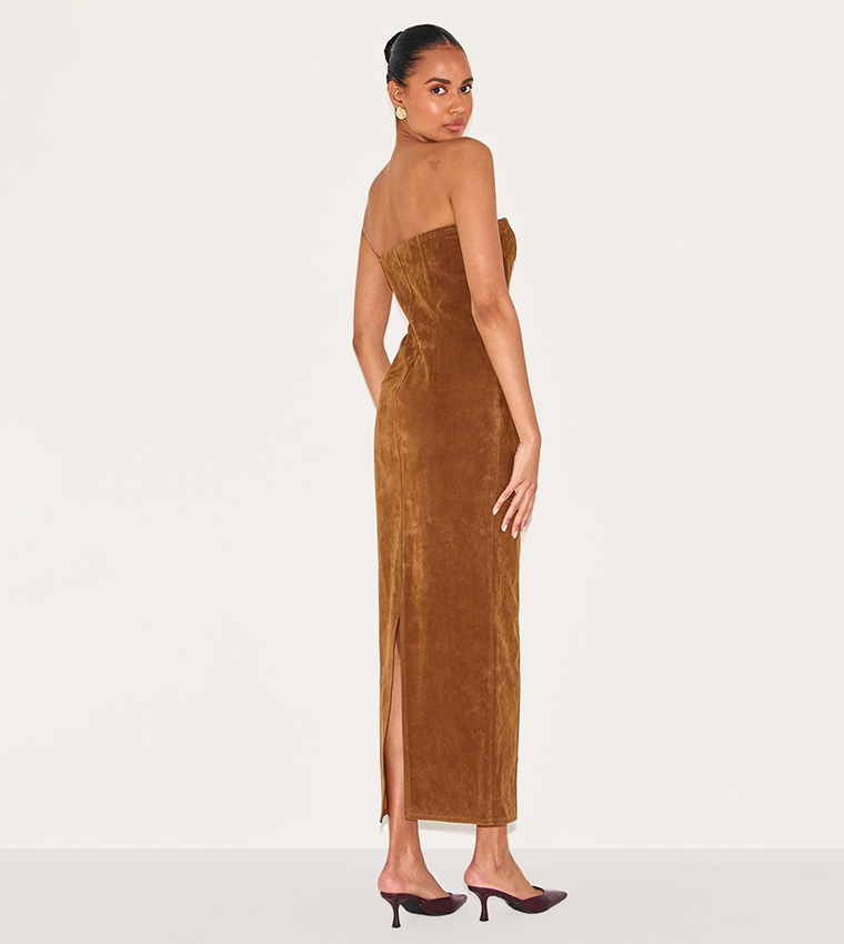 Chestnut Faux Suede Strapless Maxi Dress