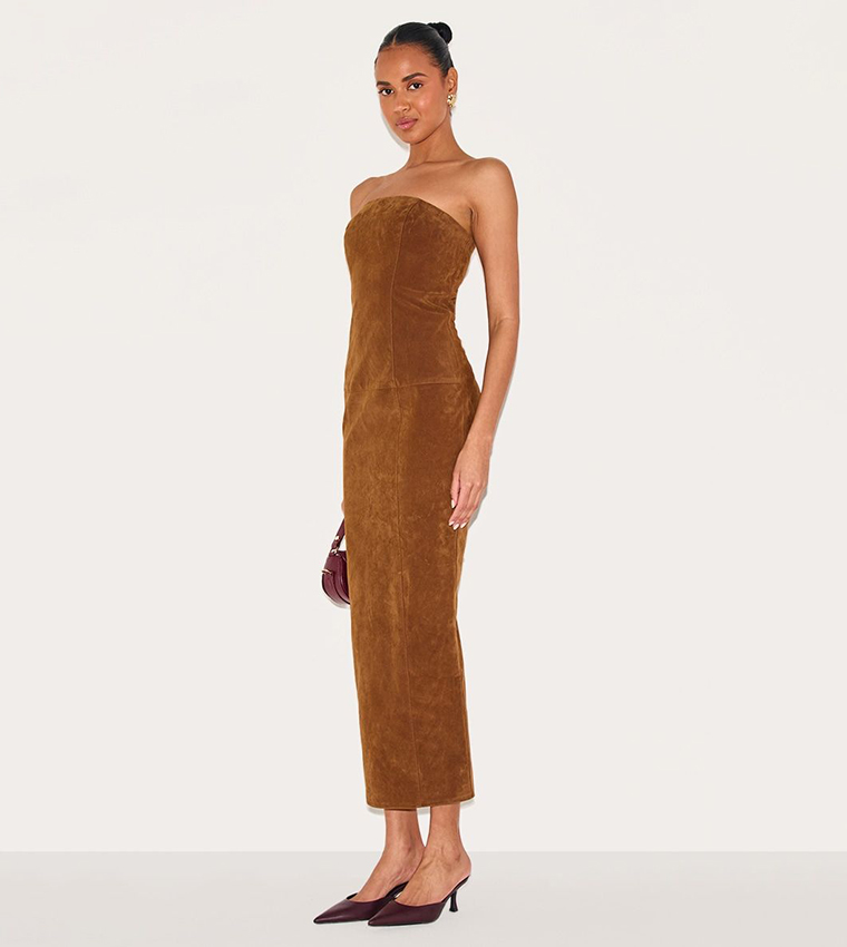 Chestnut Faux Suede Strapless Maxi Dress