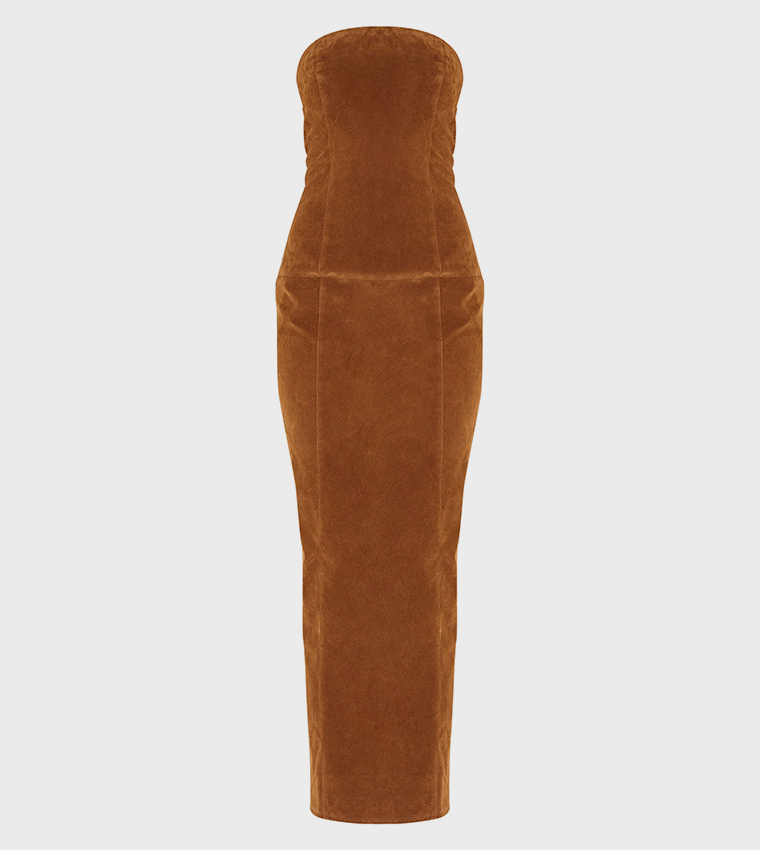 Chestnut Faux Suede Strapless Maxi Dress