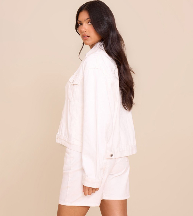 Solid Button Front Oversized Denim Jacket