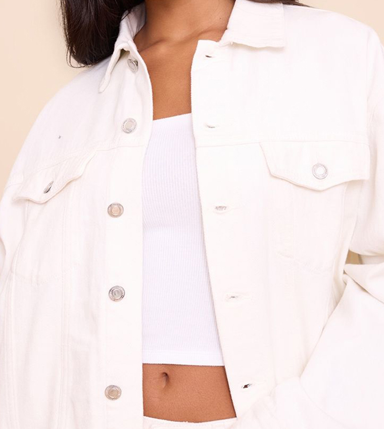 Solid Button Front Oversized Denim Jacket