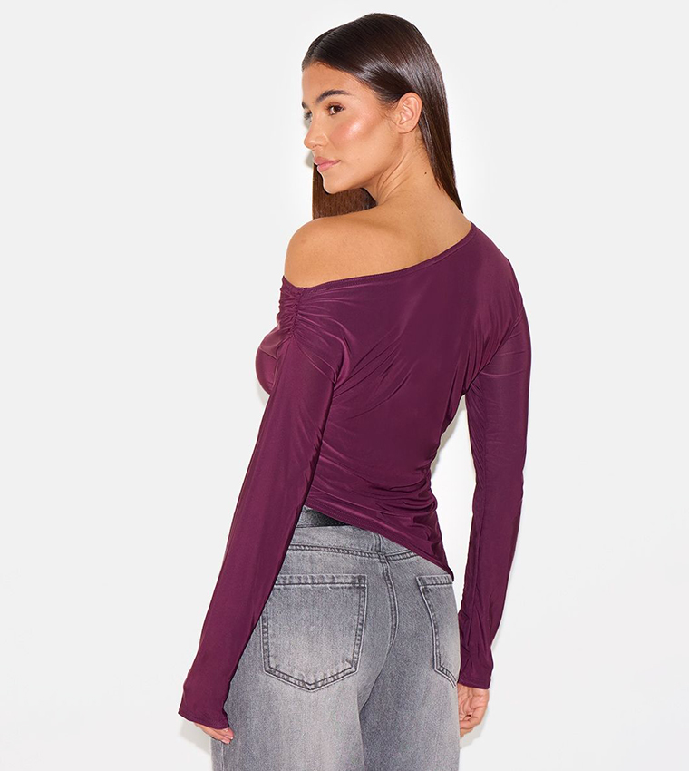 Soft Touch Asymmetric Ruched Long Sleeves Crop Top