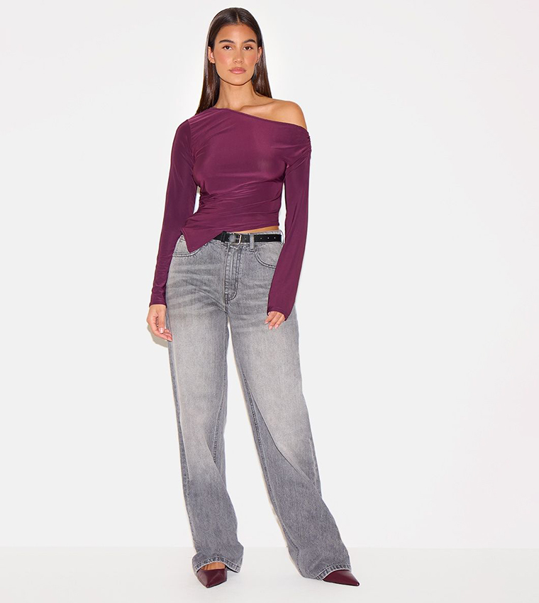 Soft Touch Asymmetric Ruched Long Sleeves Crop Top