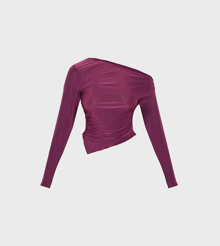 Soft Touch Asymmetric Ruched Long Sleeves Crop Top