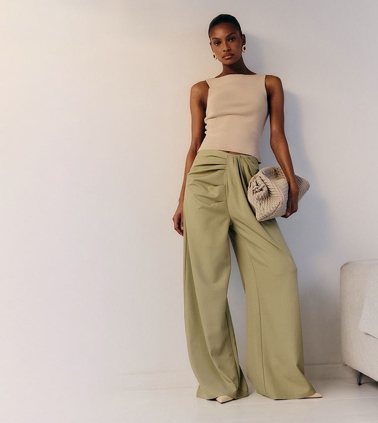 Tailored Woven Pleat Detail Wide Leg Trousers