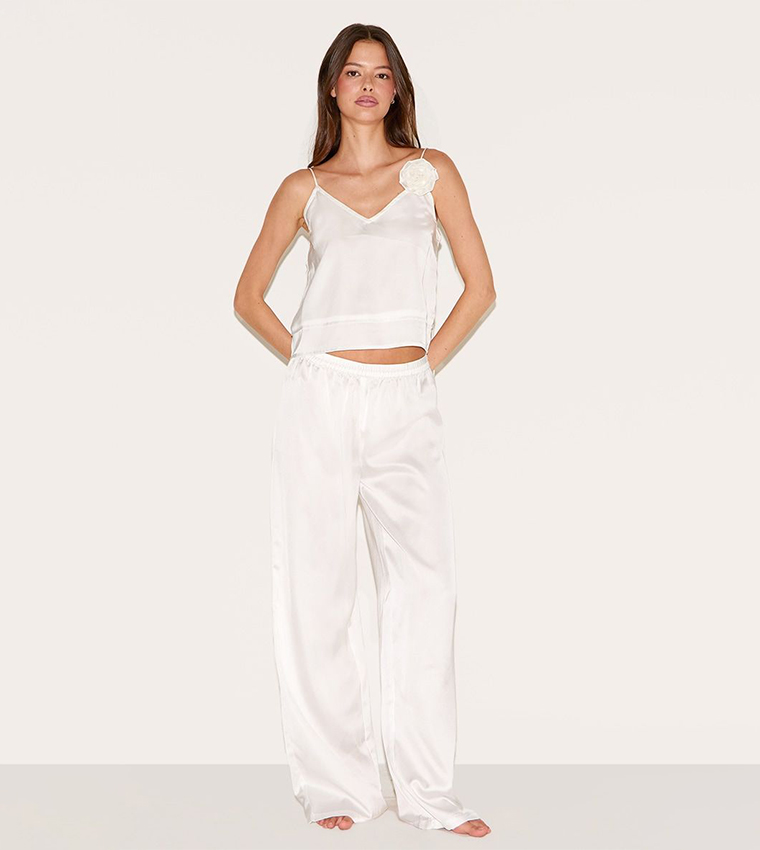 Buy PrettyLittleThing Satin Flower Trim Cami Pajama Set In White
