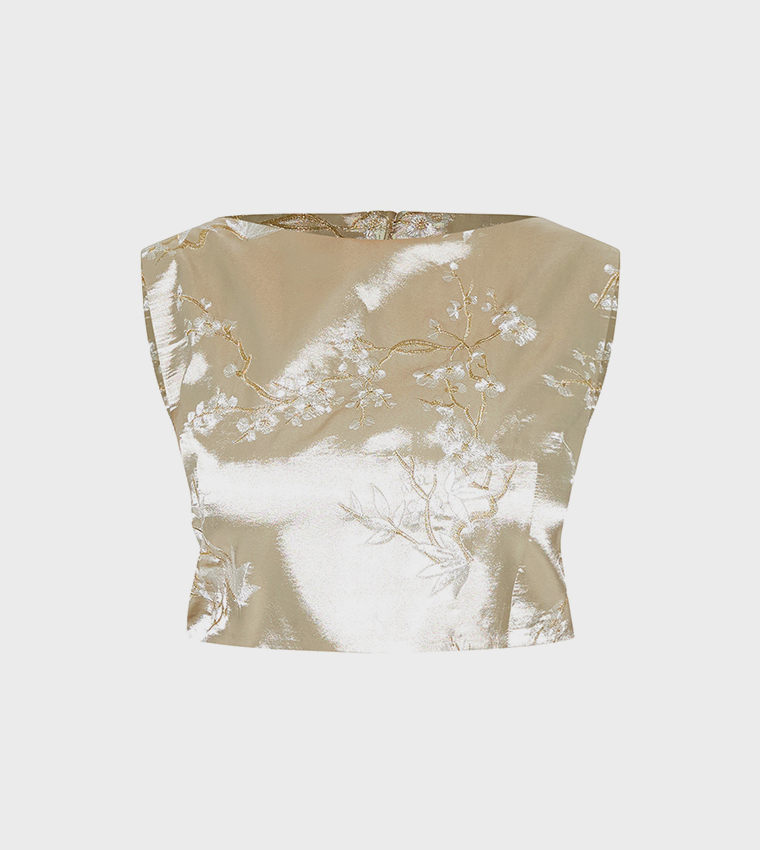 Curve Pastel Floral Embroidered Crew Neck Crop Top