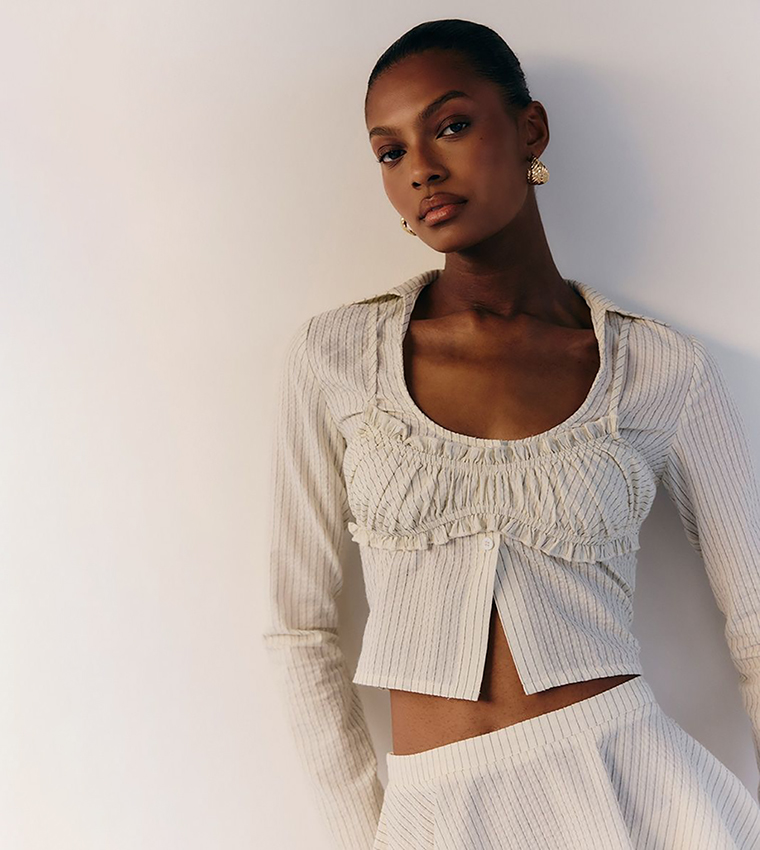 Pinstriped Seersucker Ruched Bralette Detail Shirt