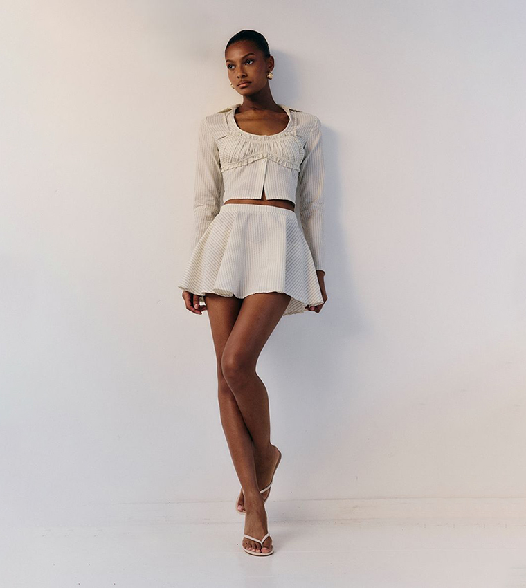 Pinstriped Seersucker Ruched Bralette Detail Shirt