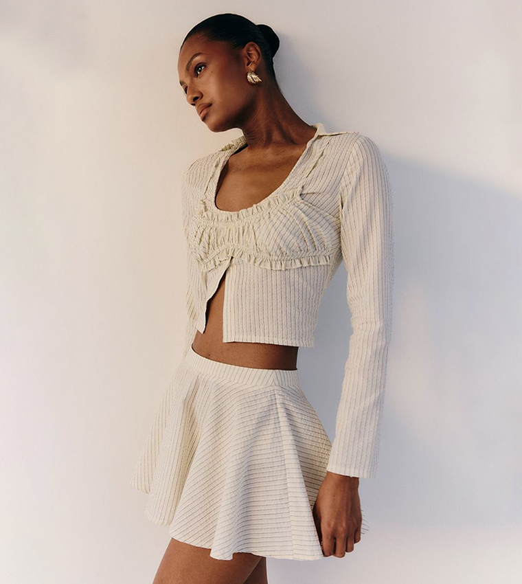 Pinstriped Seersucker Ruched Bralette Detail Shirt