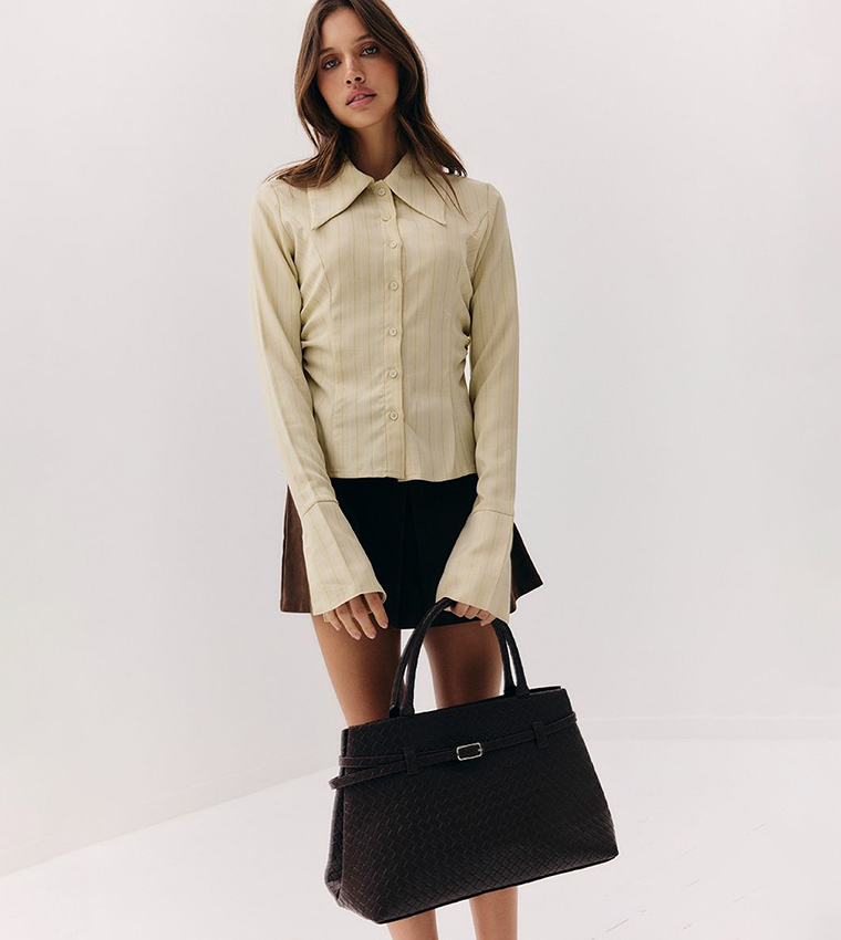 Pinstriped Oversized Collar Slim Fit Shirt