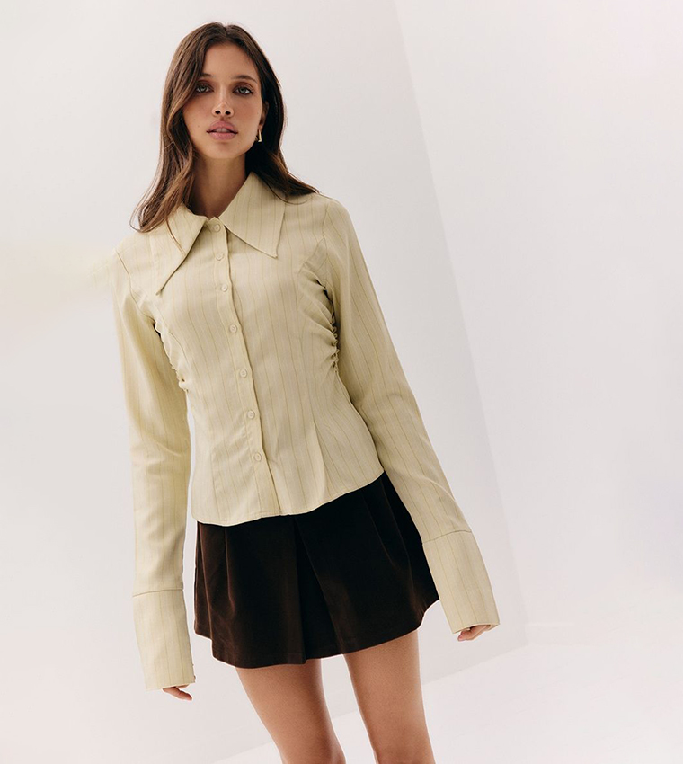 Pinstriped Oversized Collar Slim Fit Shirt