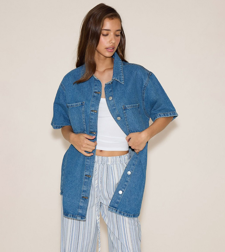 Washed Pocket Detail Oversized Denim Shirt