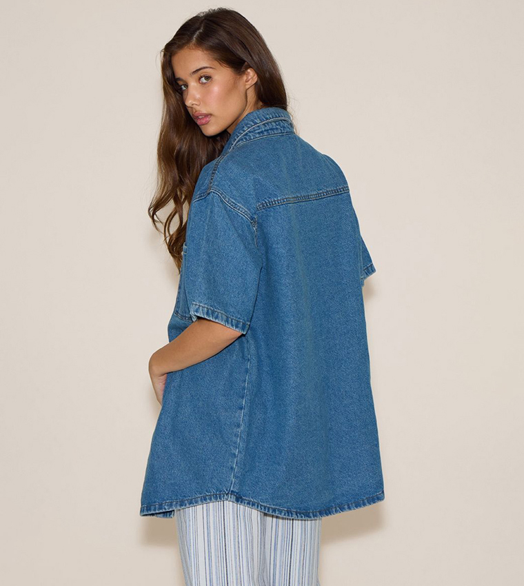 Washed Pocket Detail Oversized Denim Shirt