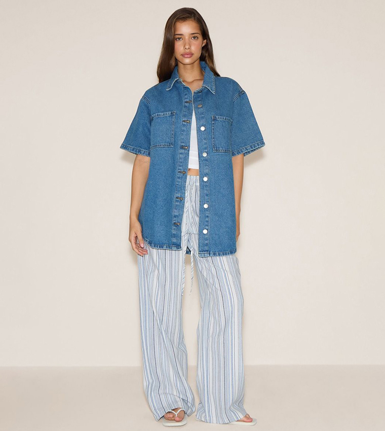 Washed Pocket Detail Oversized Denim Shirt