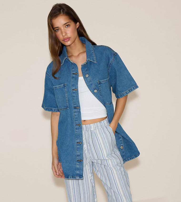 Washed Pocket Detail Oversized Denim Shirt