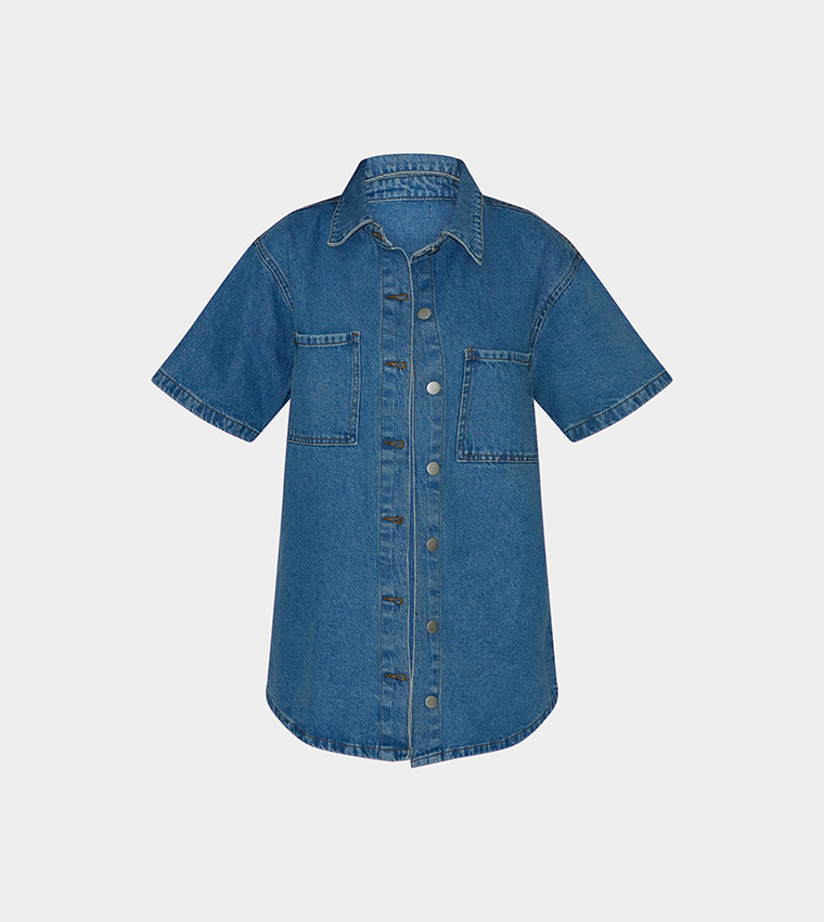 Washed Pocket Detail Oversized Denim Shirt