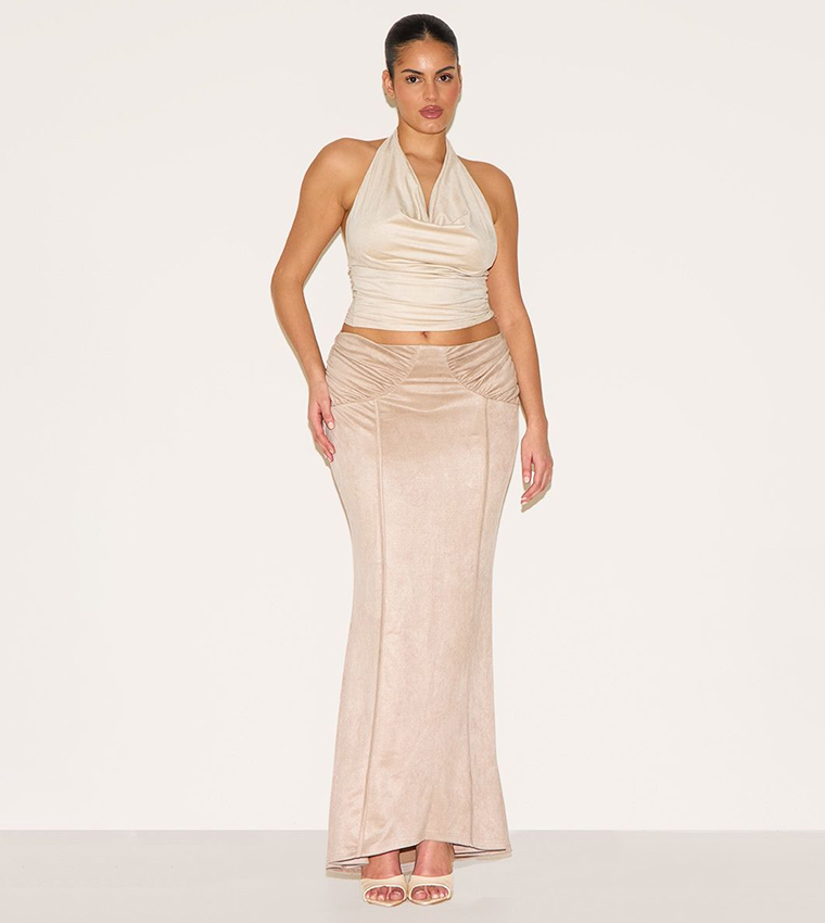 Curve Faux Suede Ruched Waist Maxi Skirt