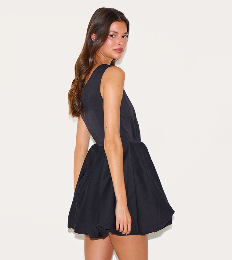 Tailored V-Neck Puffball Mini Dress