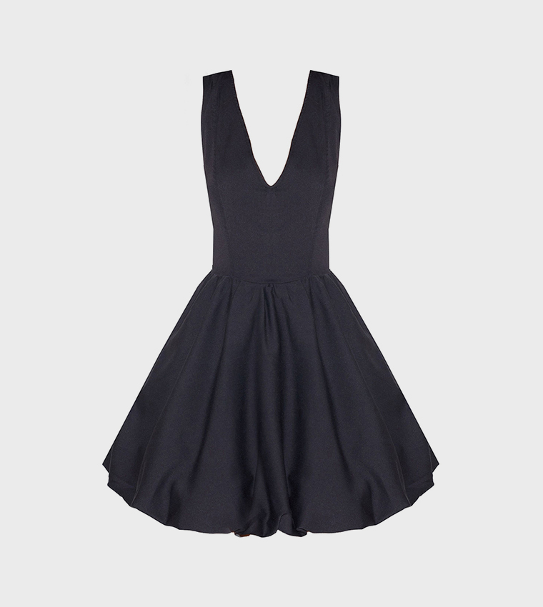 Tailored V-Neck Puffball Mini Dress