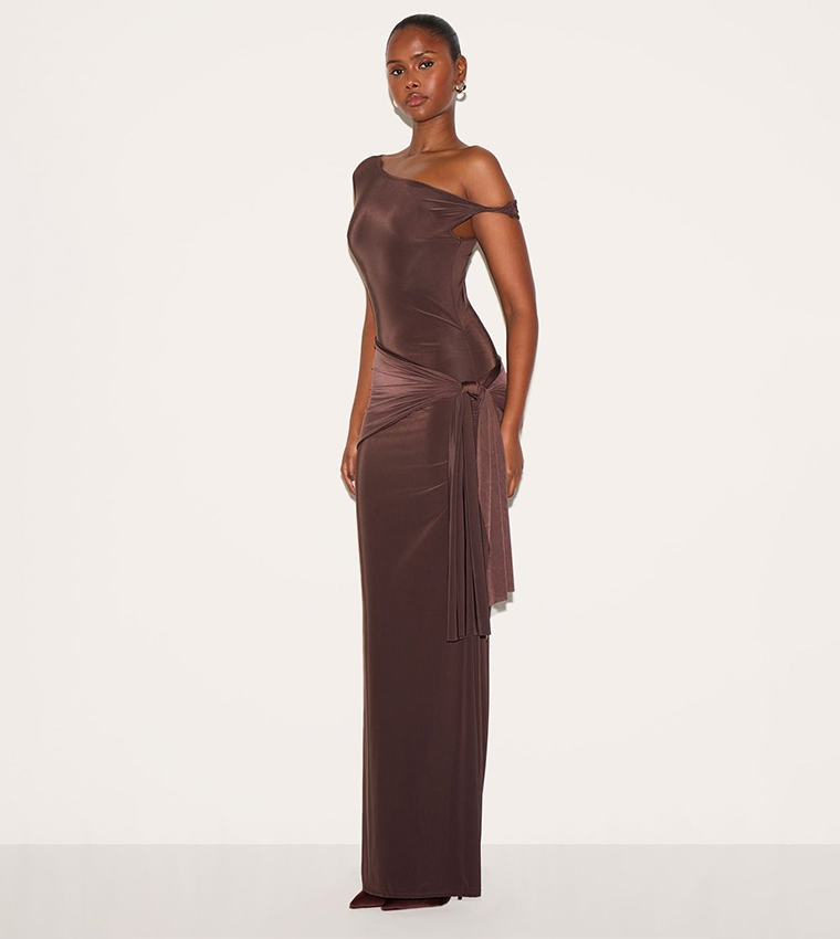 Slinky Off Shoulder Wrap Detail Maxi Dress