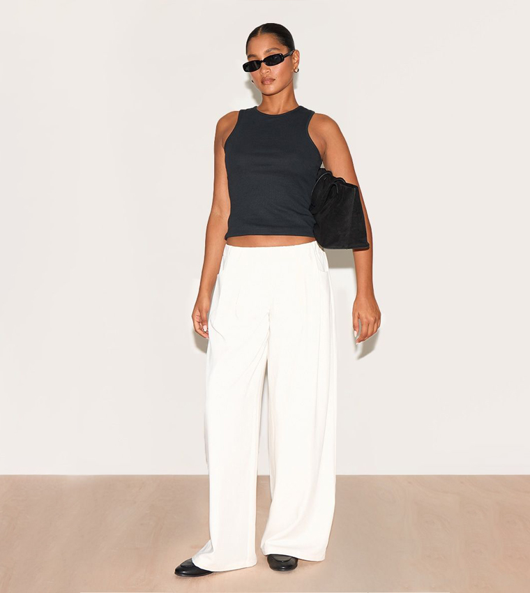 Cream Stretch Waistband Detail Tailored Trousers