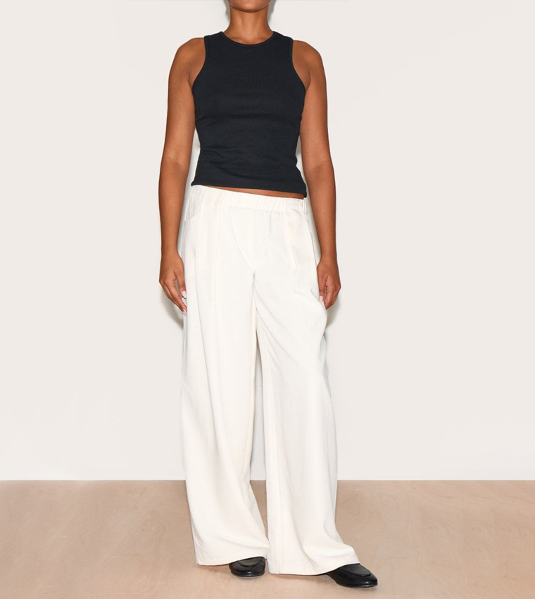 Cream Stretch Waistband Detail Tailored Trousers