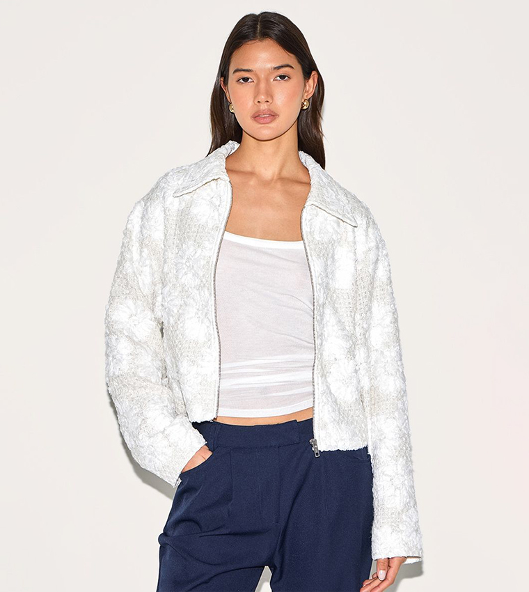 Floral Detail Boxy Zip-Through Jacket