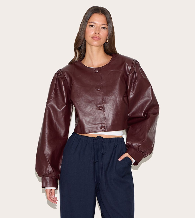 Faux Leather Pleat Sleeves Button Up Jacket