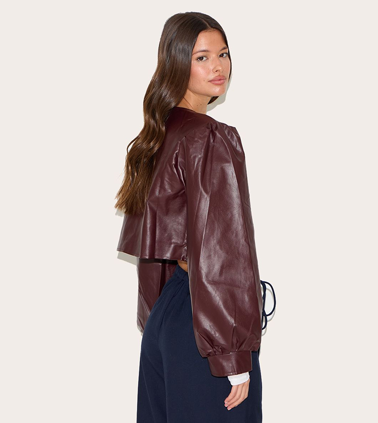 Faux Leather Pleat Sleeves Button Up Jacket