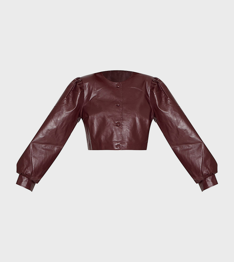 Faux Leather Pleat Sleeves Button Up Jacket