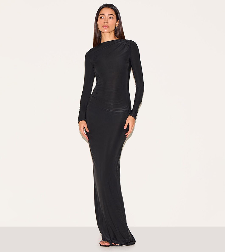 Slinky Long Sleeve Open Back Maxi Dress