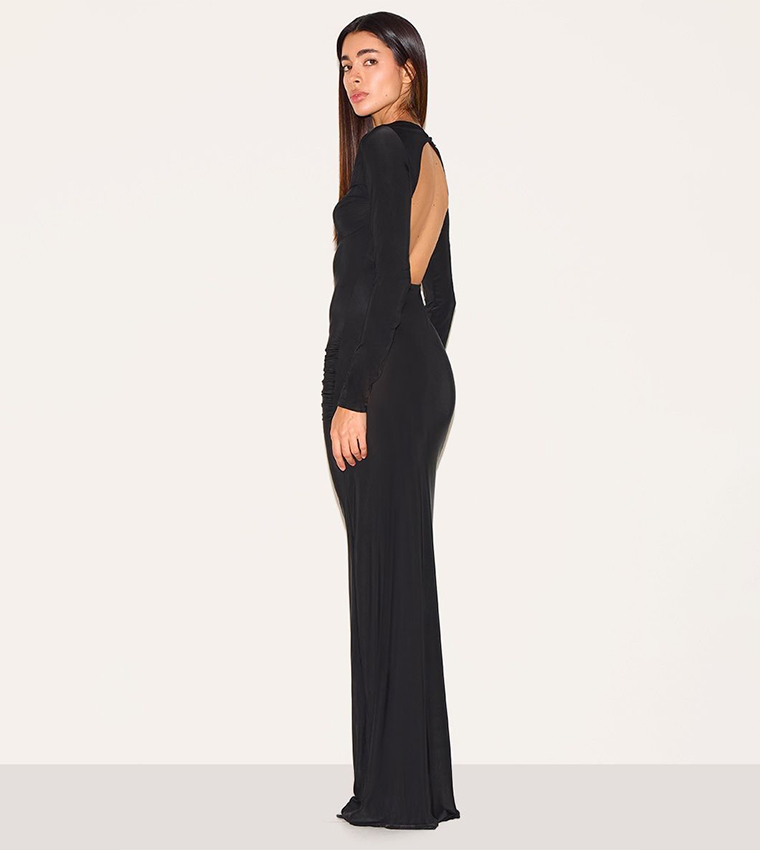 Slinky Long Sleeve Open Back Maxi Dress