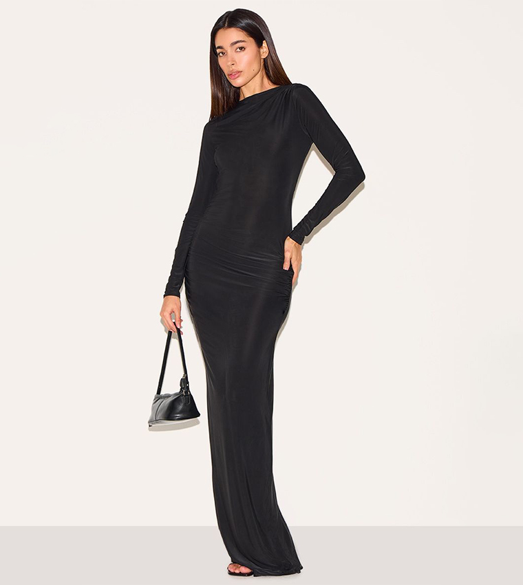 Slinky Long Sleeve Open Back Maxi Dress