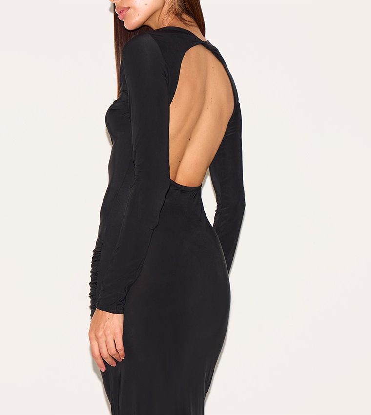 Slinky Long Sleeve Open Back Maxi Dress