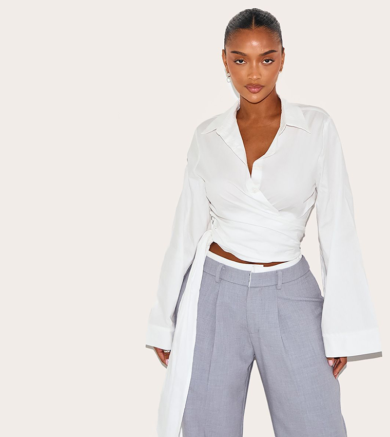 Shape Wrap Tie Waist Wide Sleeves Crop Shirt