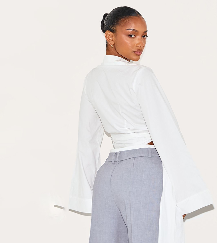 Shape Wrap Tie Waist Wide Sleeves Crop Shirt