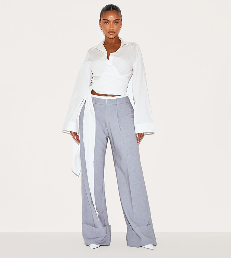 Shape Wrap Tie Waist Wide Sleeves Crop Shirt