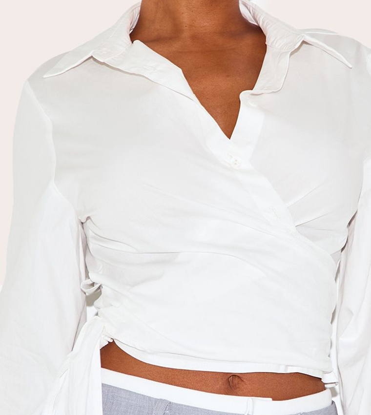 Shape Wrap Tie Waist Wide Sleeves Crop Shirt