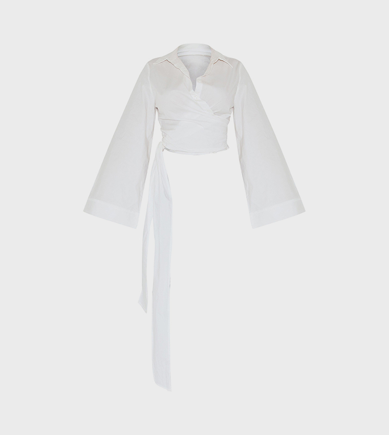 Shape Wrap Tie Waist Wide Sleeves Crop Shirt