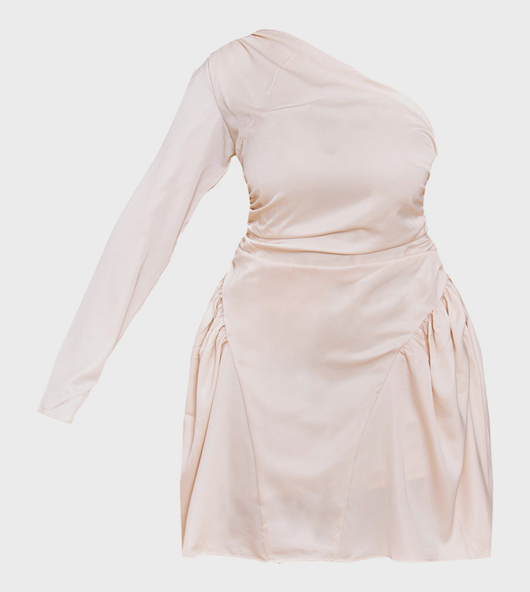 Shape Satin Ruched One Shoulder Skater Mini Dress