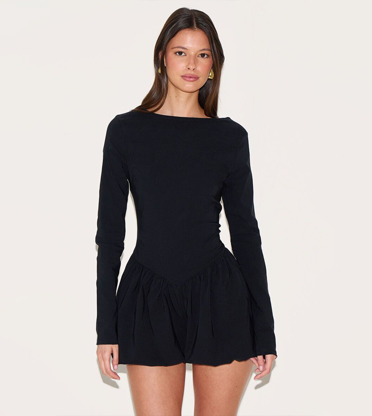 Stretch Boat Neck Puffball Playsuit