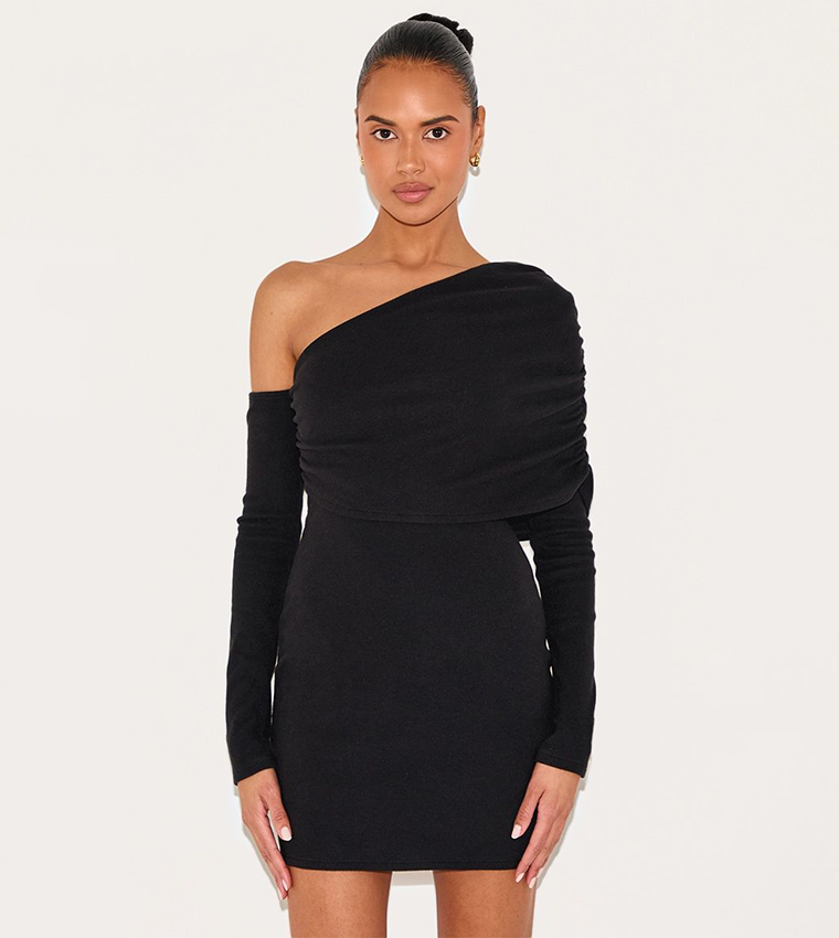 Rib Asymmetric Bardot Long Sleeve Bodycon Dress