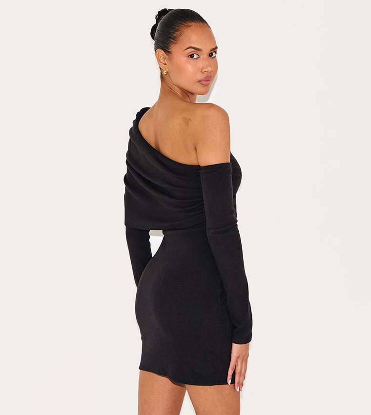 Rib Asymmetric Bardot Long Sleeve Bodycon Dress