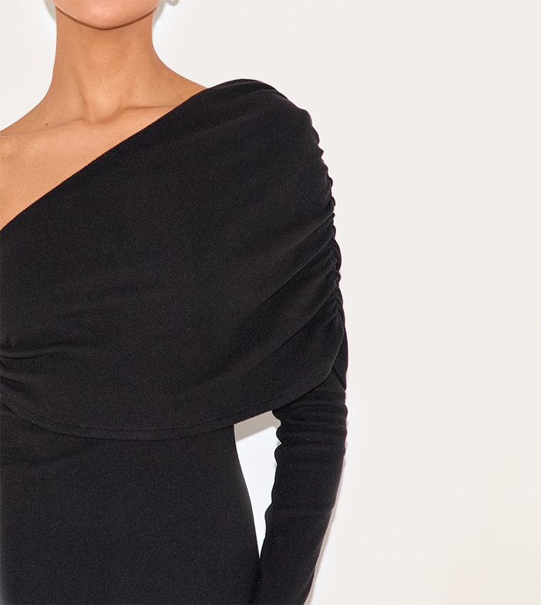 Rib Asymmetric Bardot Long Sleeve Bodycon Dress